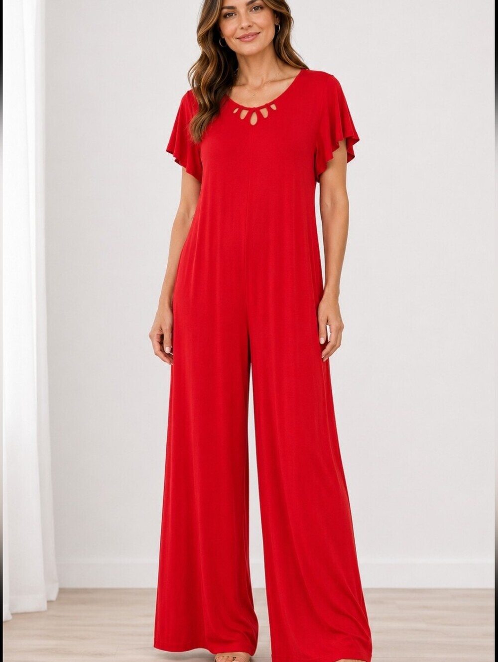 NWT Made in Italy Red Jersey Knit Wide Leg Jumpsuit OS Open Waist Flutter Sleeve